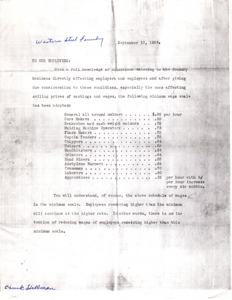 Western Steel Foundry Sept 1936 Wage List